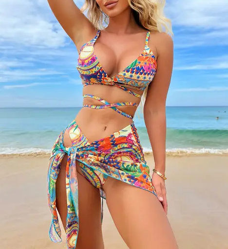 Green Multi Color Printed 3 Piece Bikini Set