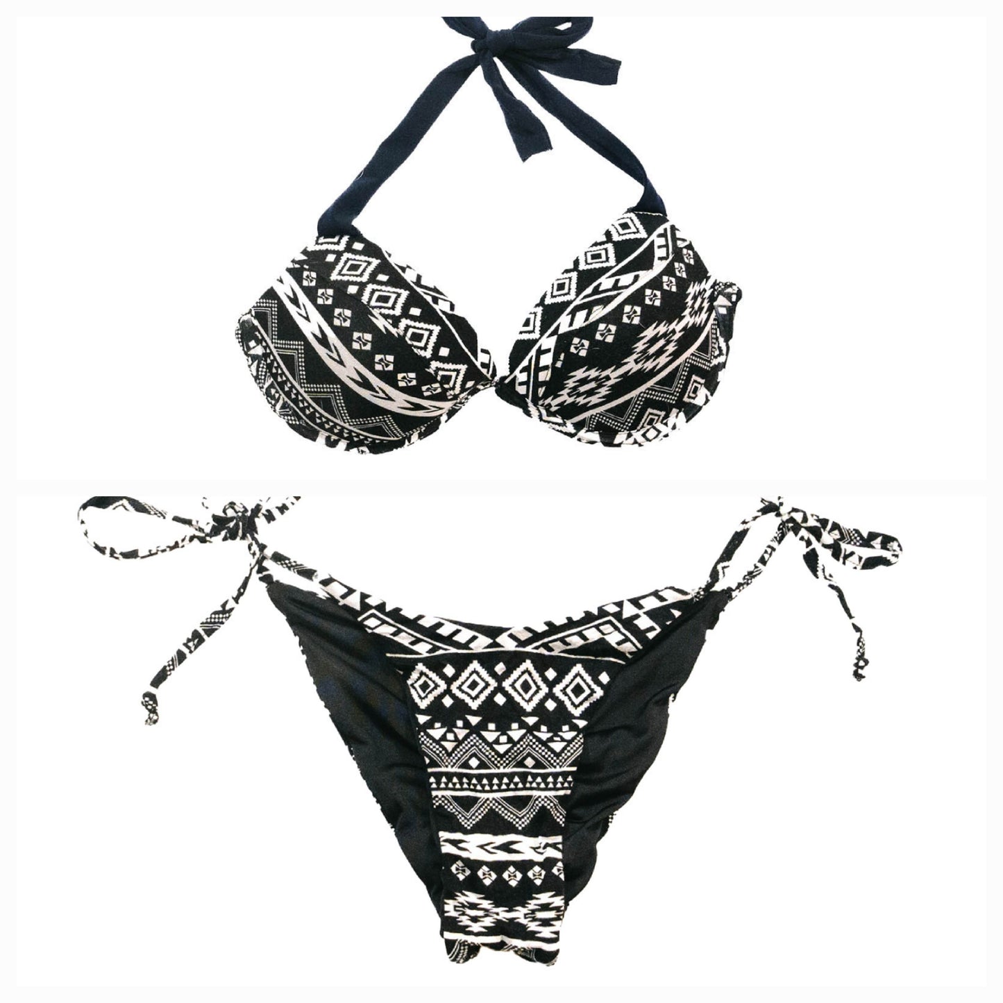 Black/White Aztec Printed Bikini V-shaped bottoms