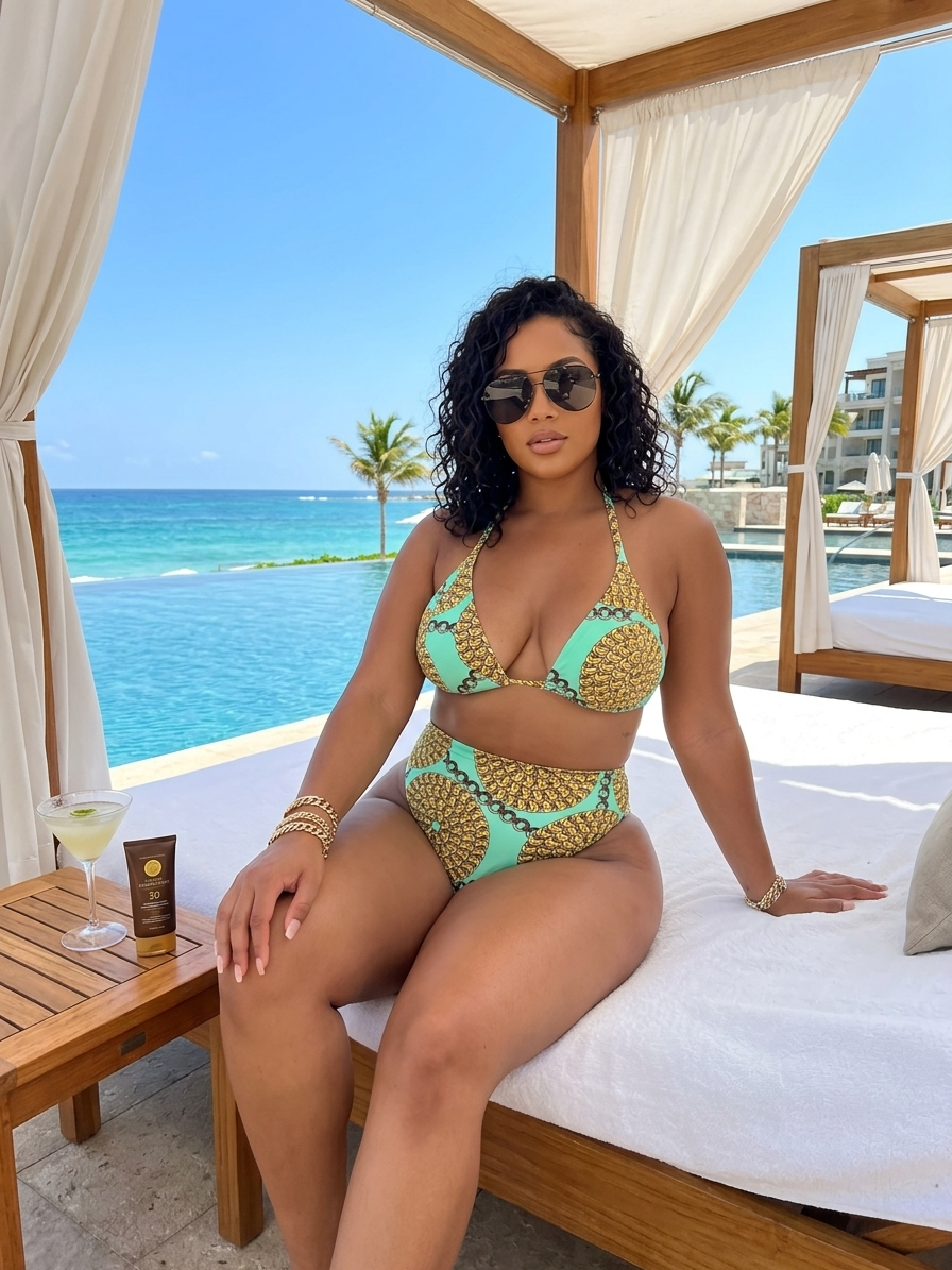 Lime Green and Gold Printed High Waisted Bikini Bottom