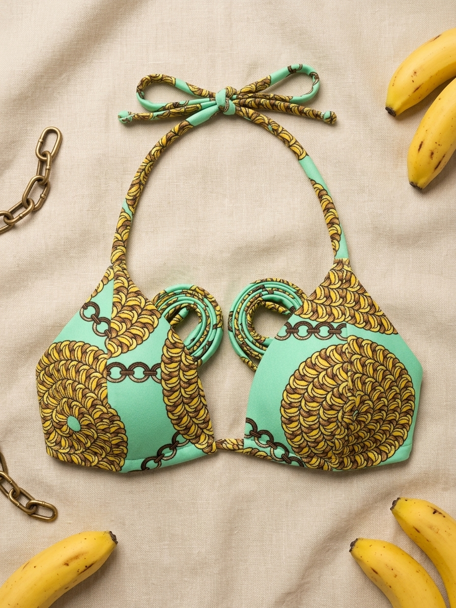 Lime Green andGold Printed Padded Triangle Bikini Top