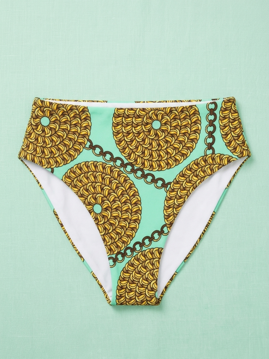 Lime Green and Gold Printed High Waisted Bikini Bottom