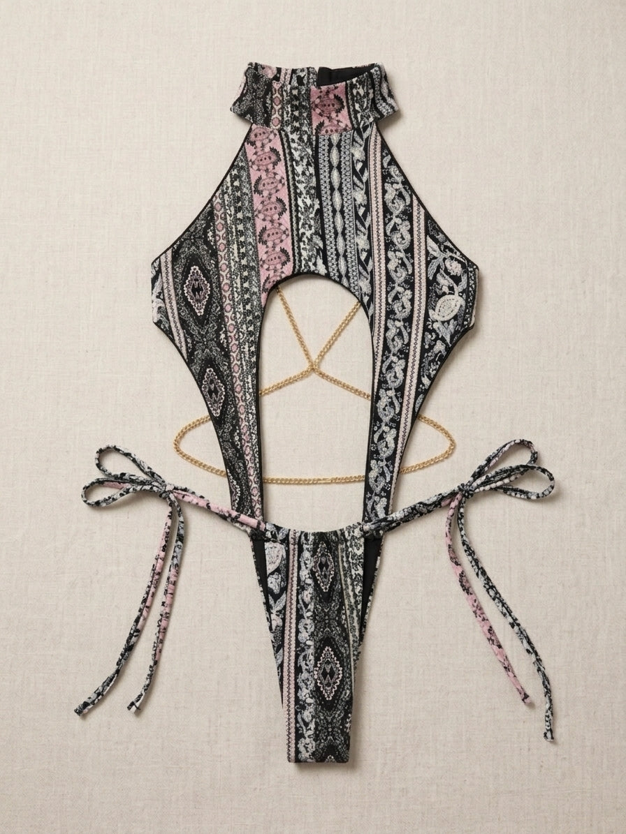 Grey/Pink Print Halter Beach Club Set