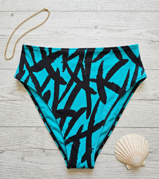 Teal And Black Printed High Waisted Swim Bottoms