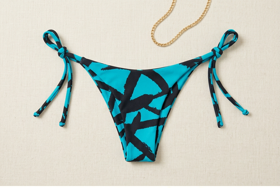 Teal And Black Printed Bikini Bottoms With Tie Strings